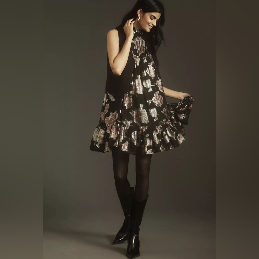 Maeve Anthropologie Halter Neck Shine Metallic Mini Swing Dress